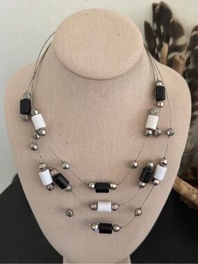 Vintage Black & White Lucite Multi-Strand Beaded Necklace